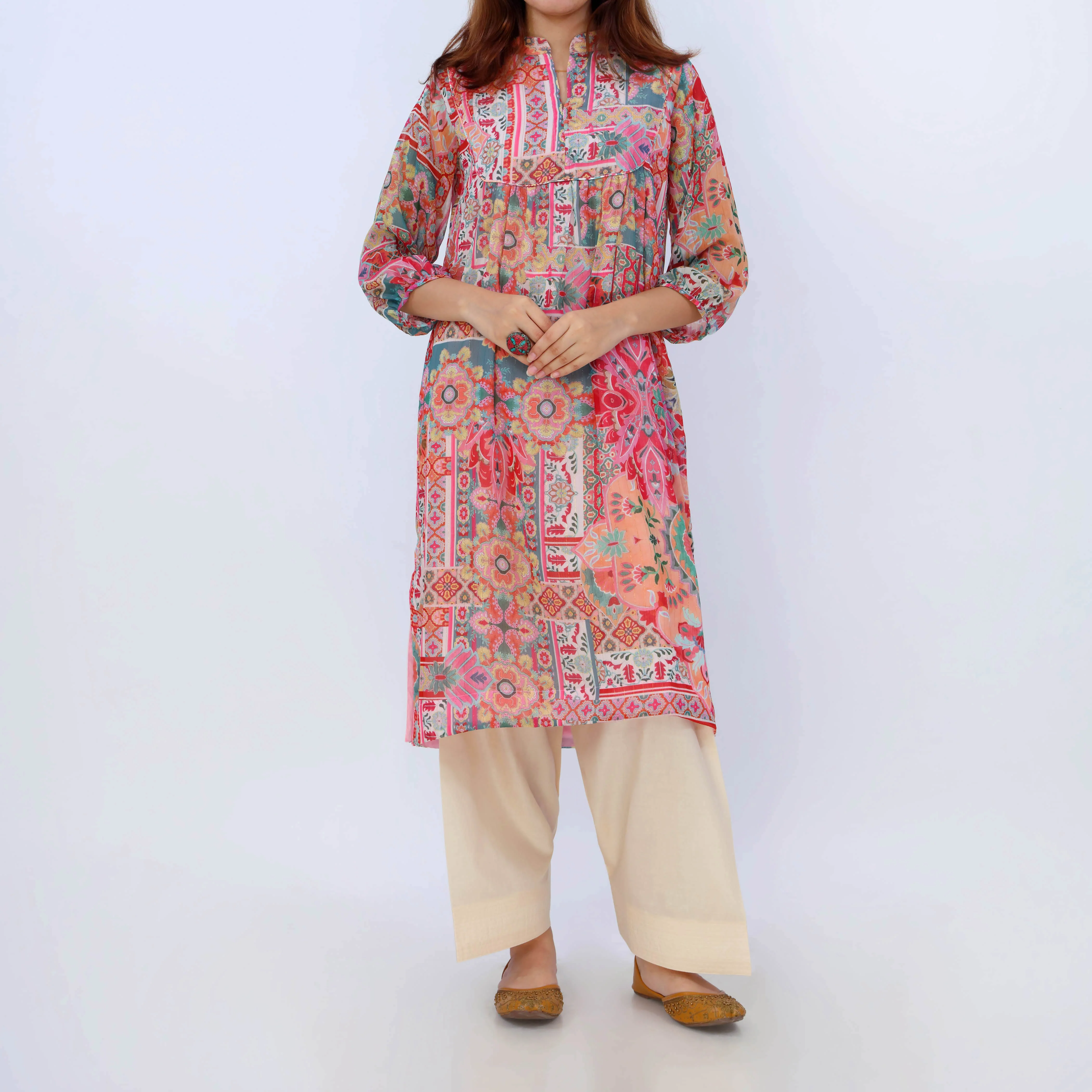 1PC- Printed Chiffon Zari Shirt PW5010 - Image 2