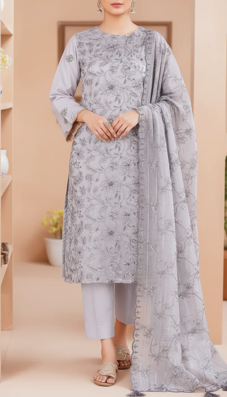 3 PC Embroidered Cambric Suit UW5007