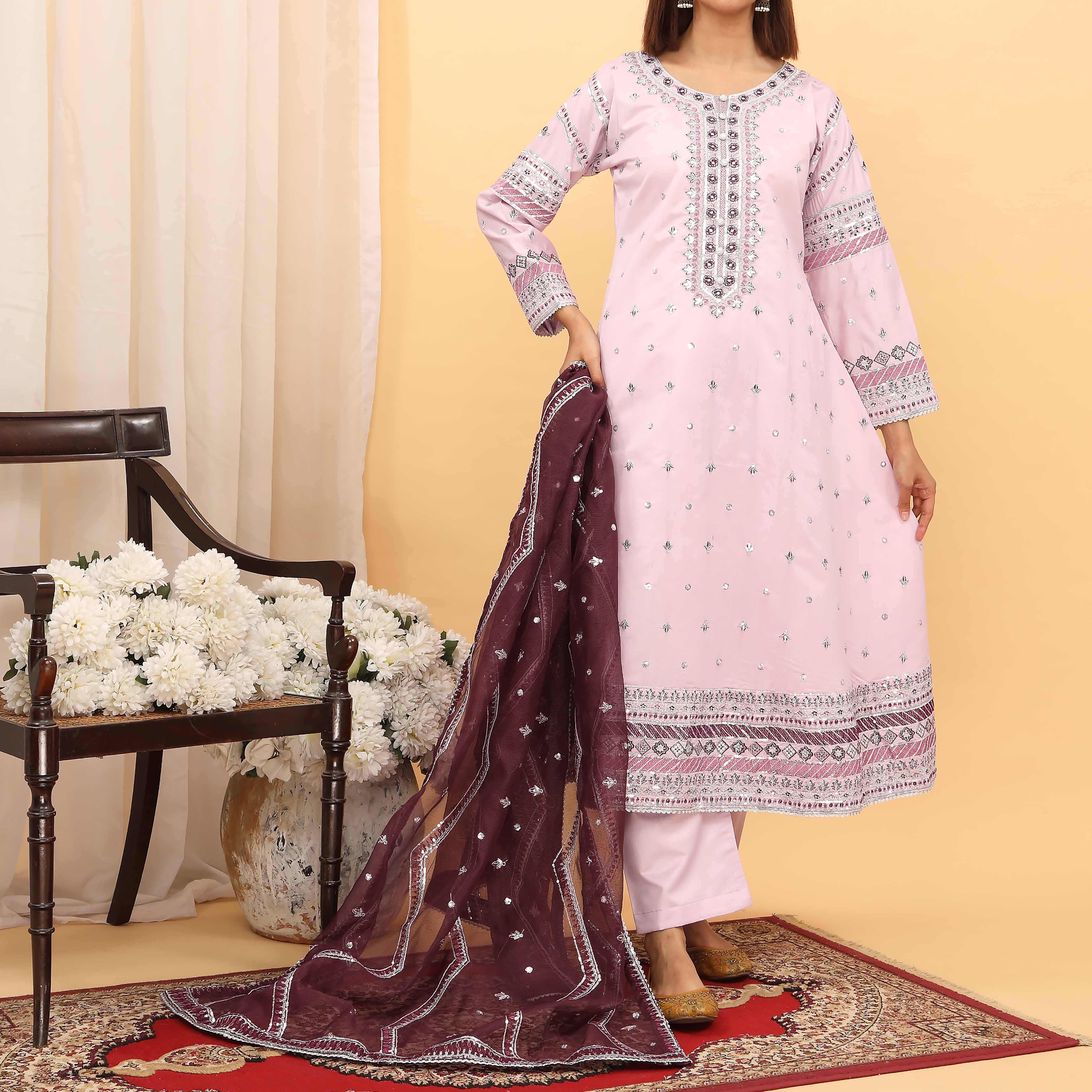 3PC- Embellished Khaddi Net Suit PF5117