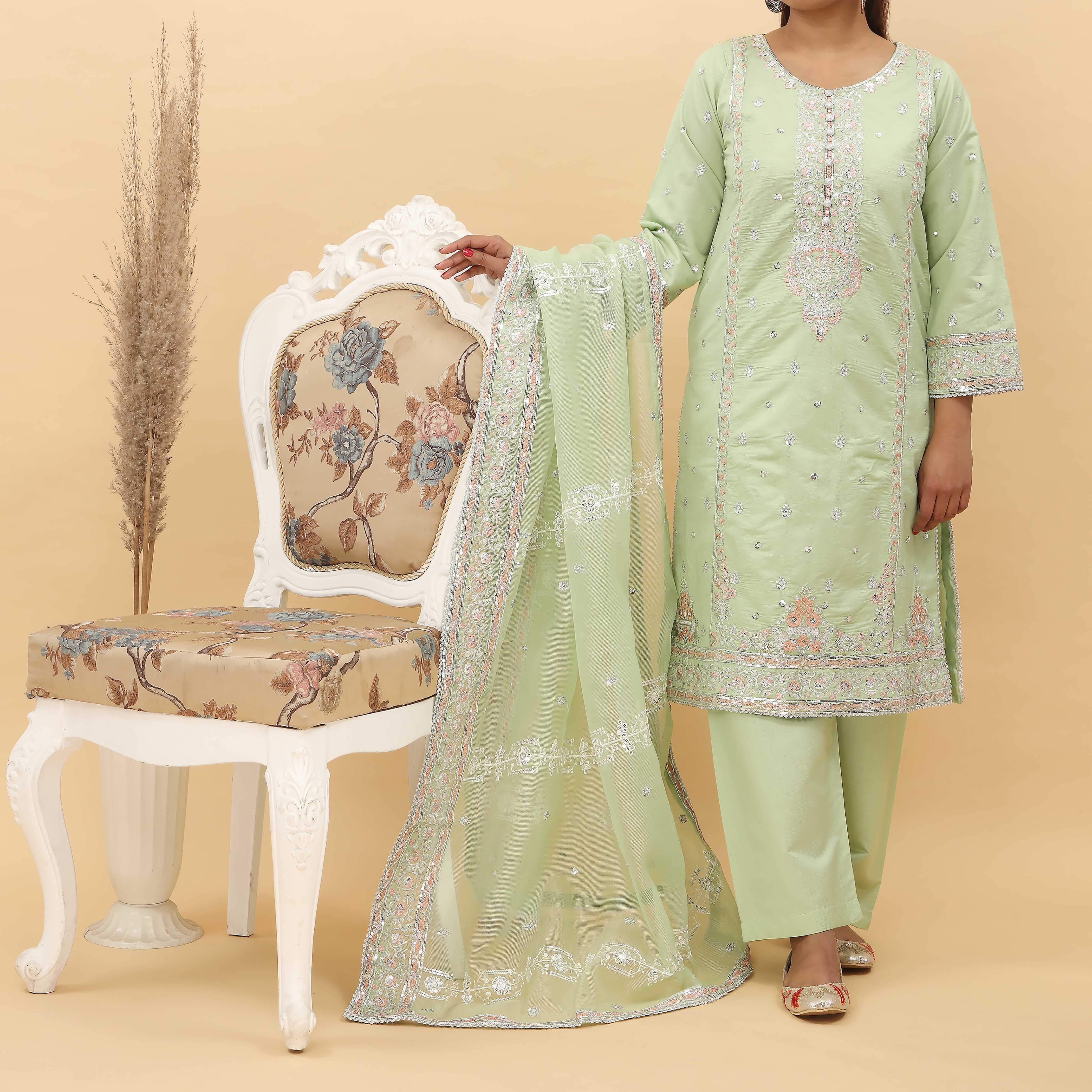 3PC- Embroidered Khadi Net Suit PF5059 - Image 2