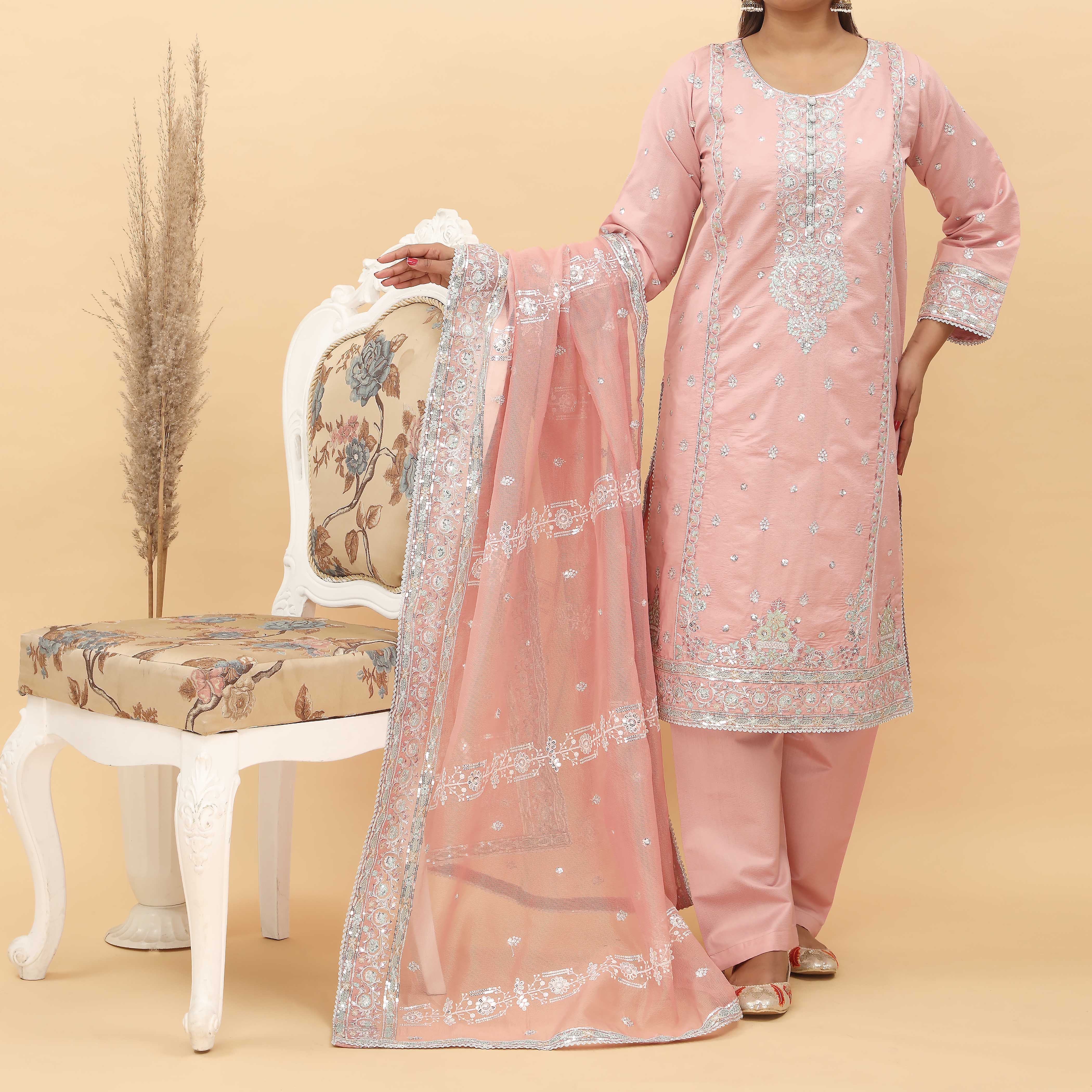 3PC- Embroidered Khadi Net Suit PF5060 - Image 2