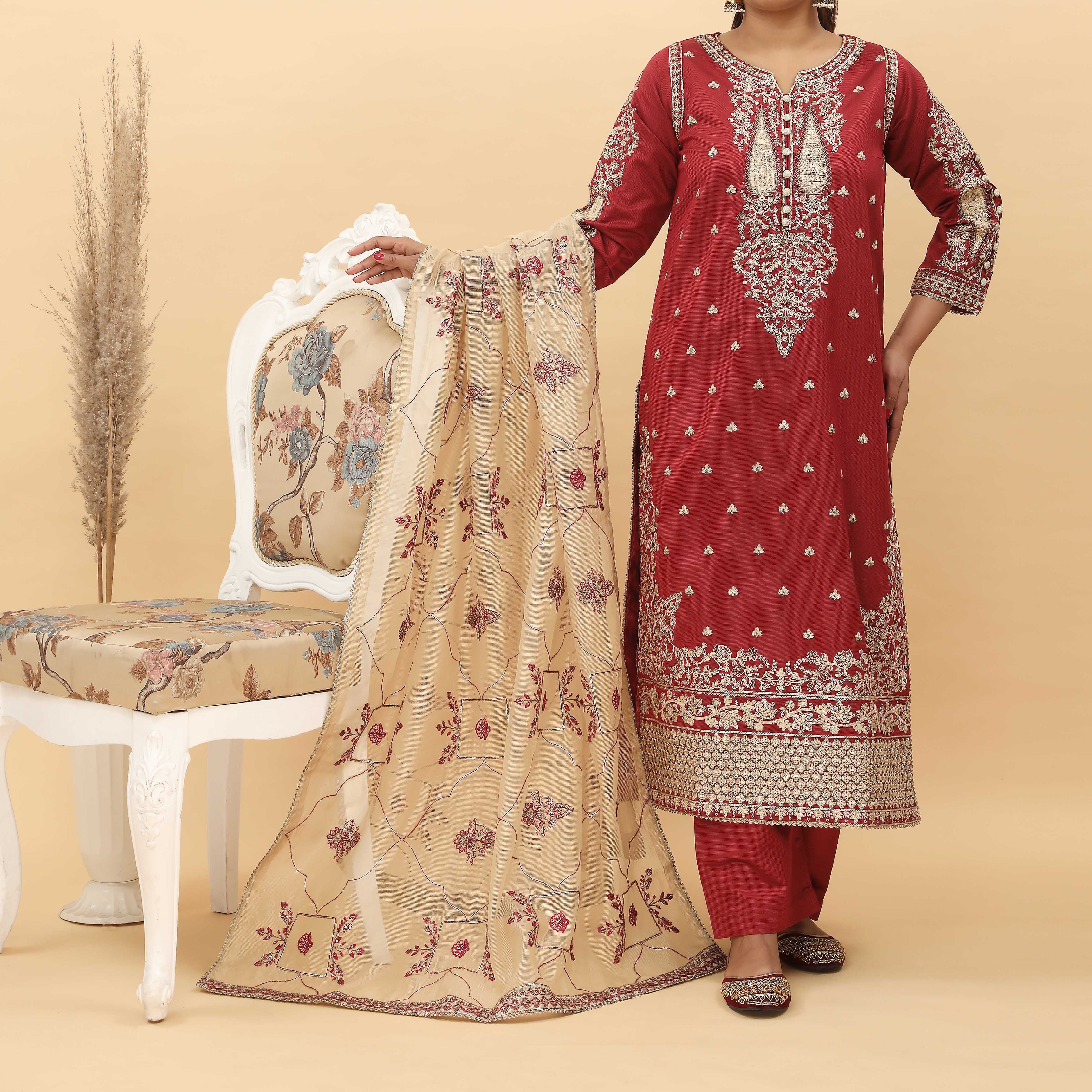 3PC- Embroidered Khadi Net Suit PF5096 - Image 2