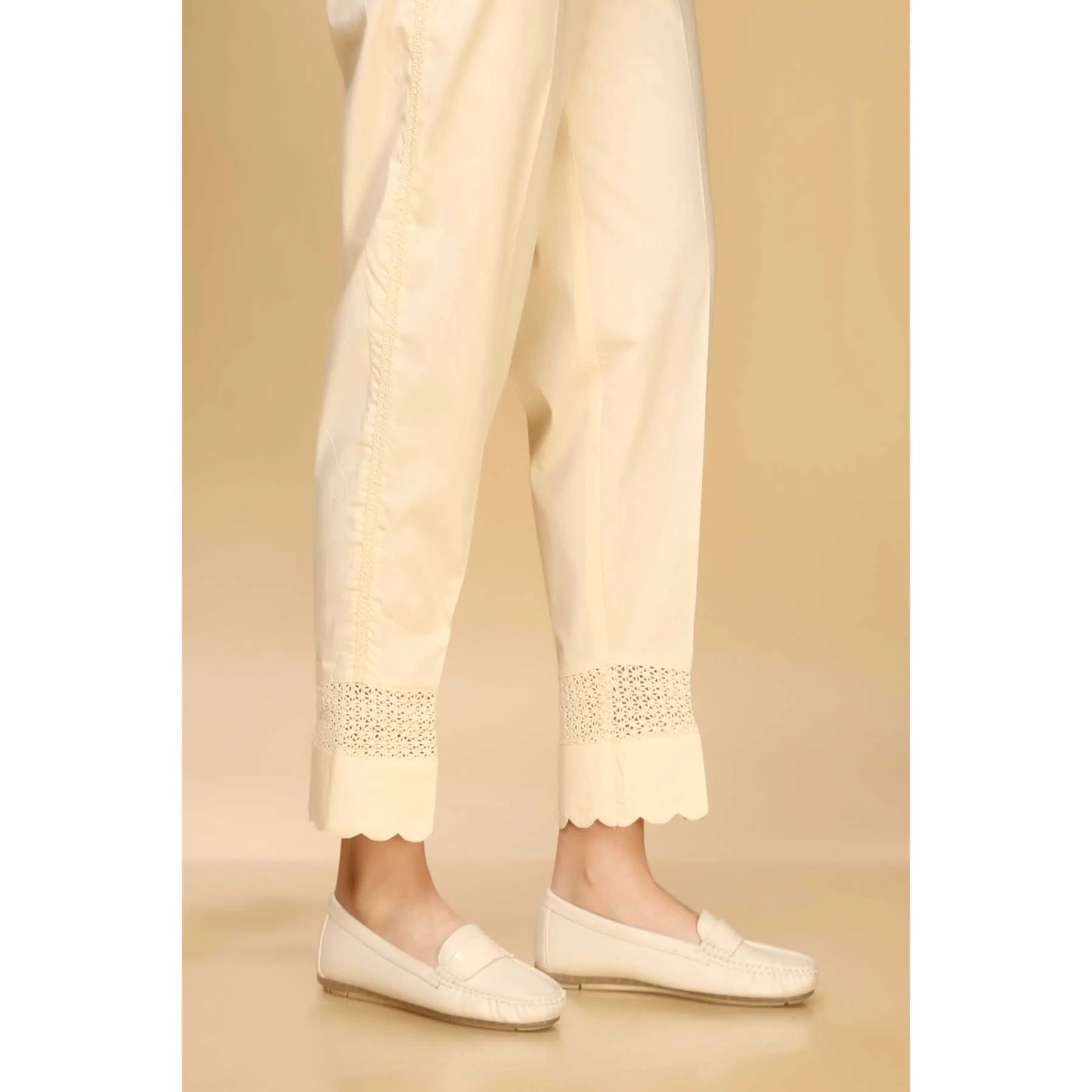 Beige Color Embellished Slim Fit Cambric Trouser PW1502