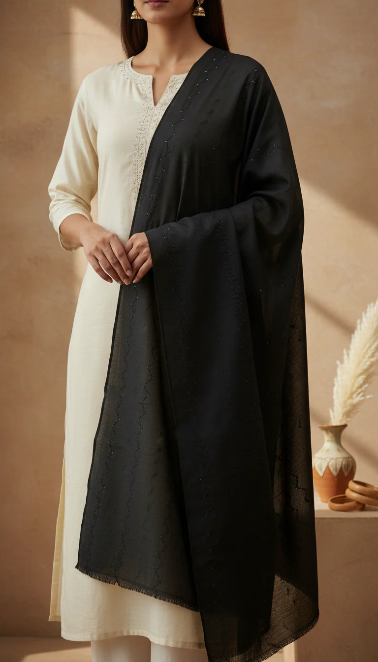 Black Embellished Cotton Shawl PD6075