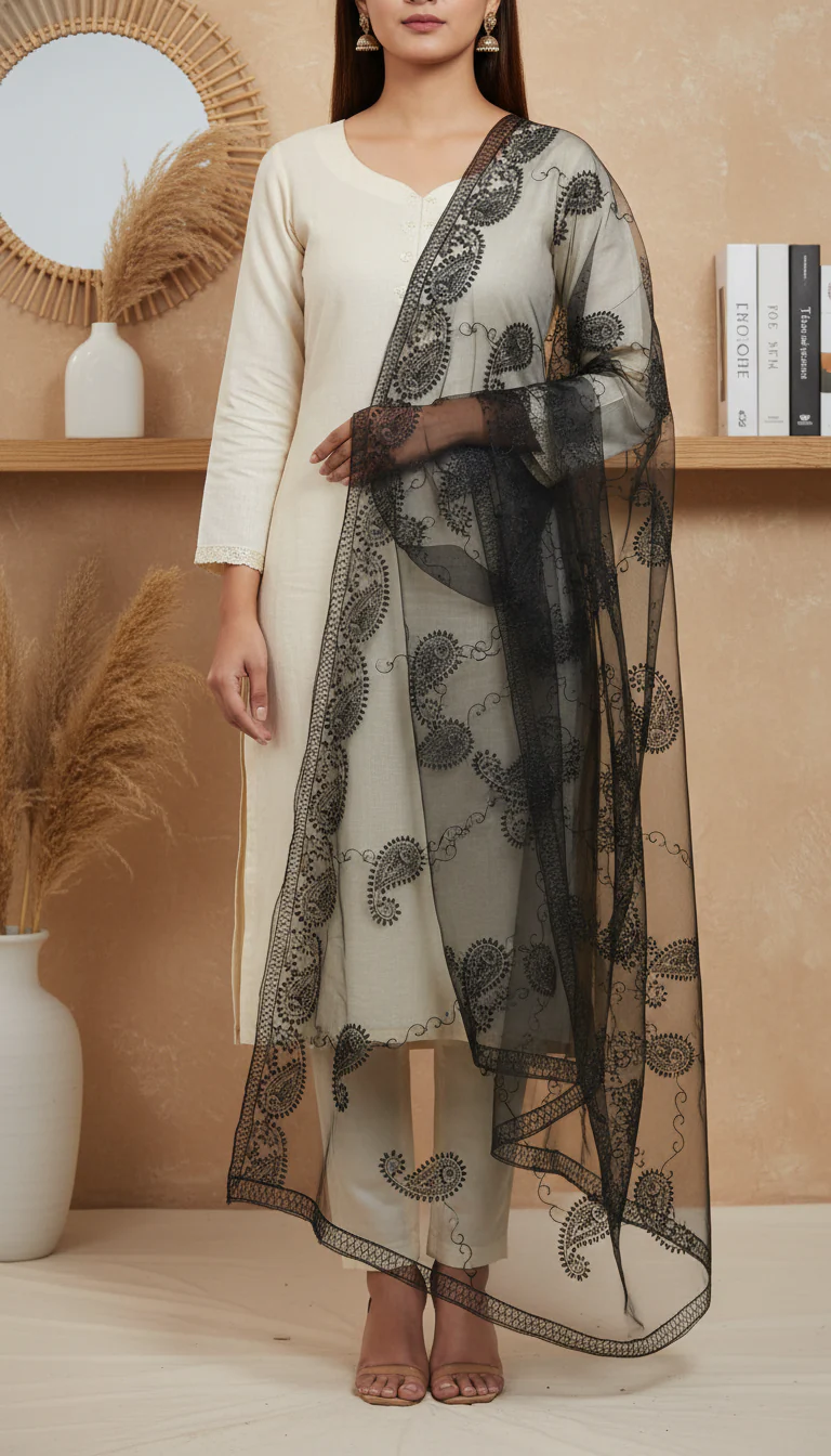 Black Embellished Net Dupatta PD6078