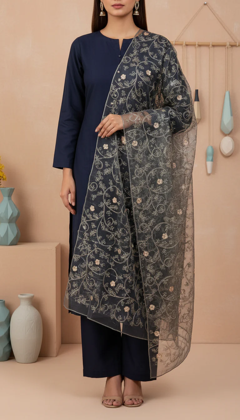 Black Embellished Net Dupatta PD6080