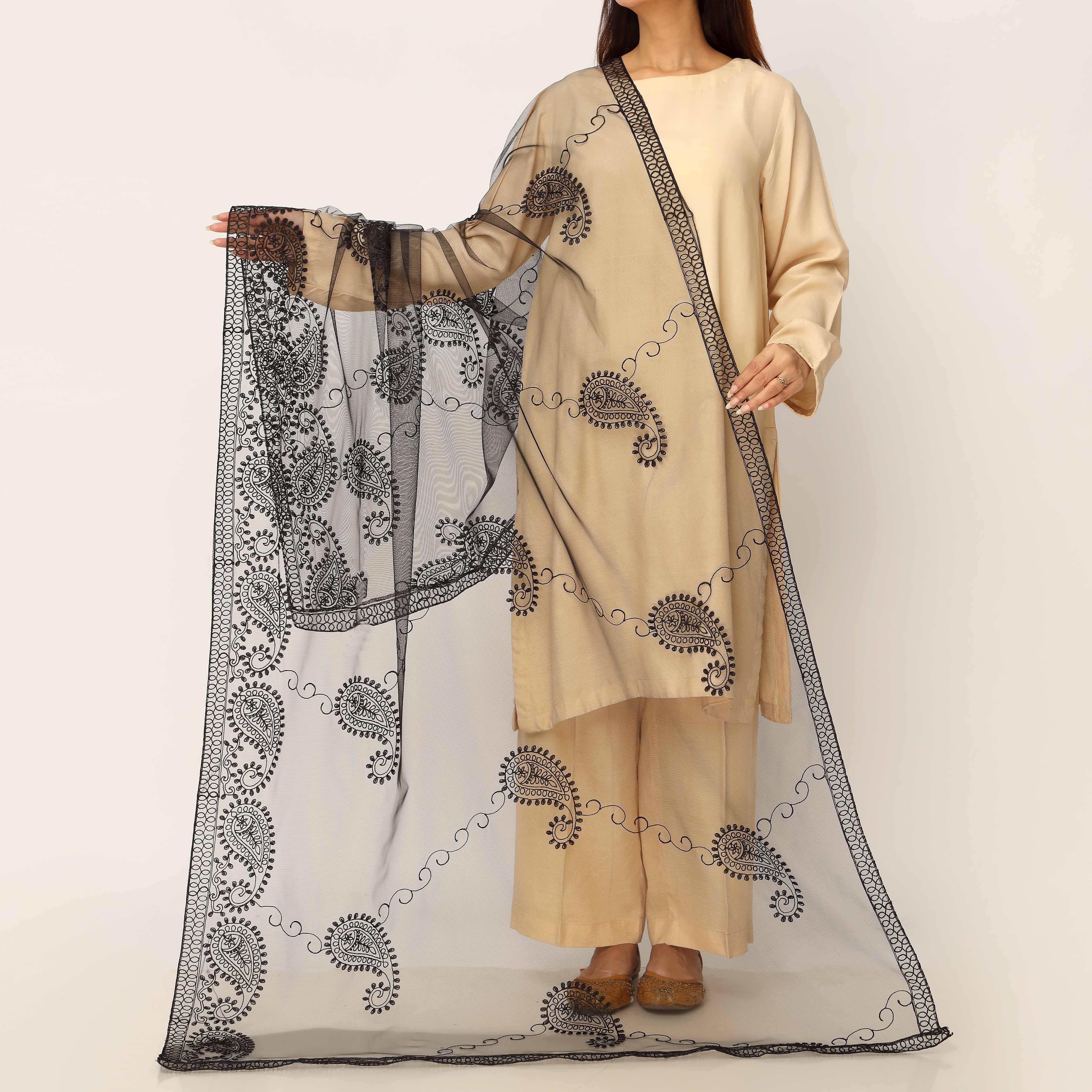 Black Embroidered Cotton Dupatta PD5491