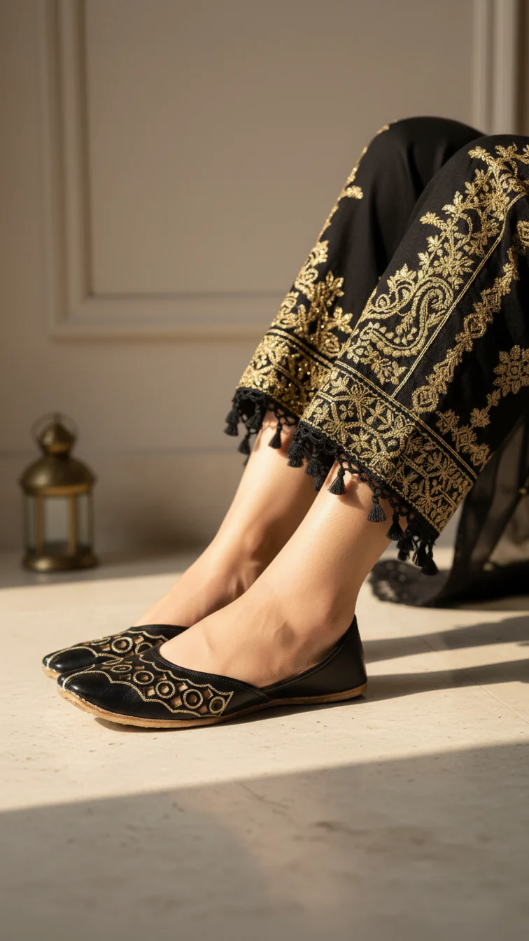 Black Leather Khussa For Women EC8668