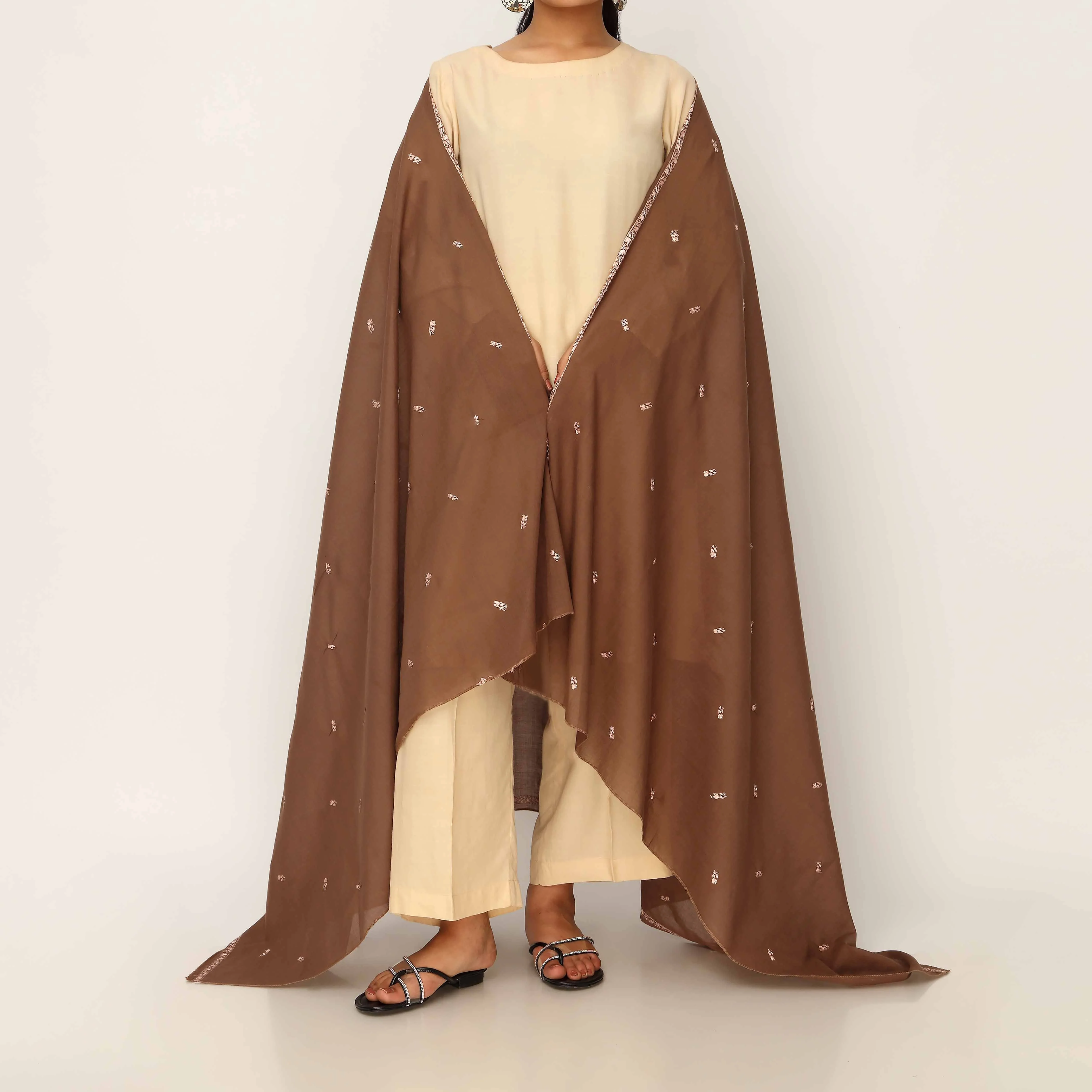 Brown Embroidered Cotton Dupatta PD5476