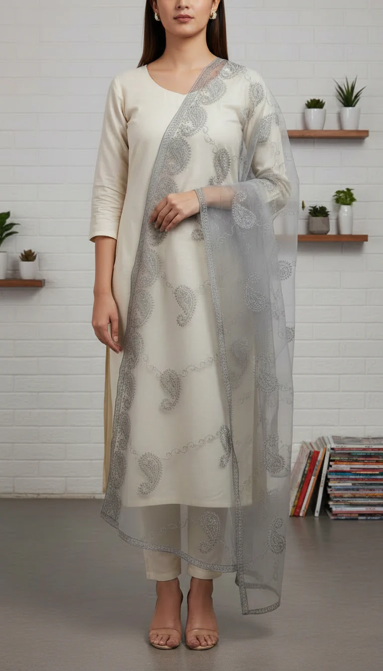Grey Embellished Net Dupatta PD6078