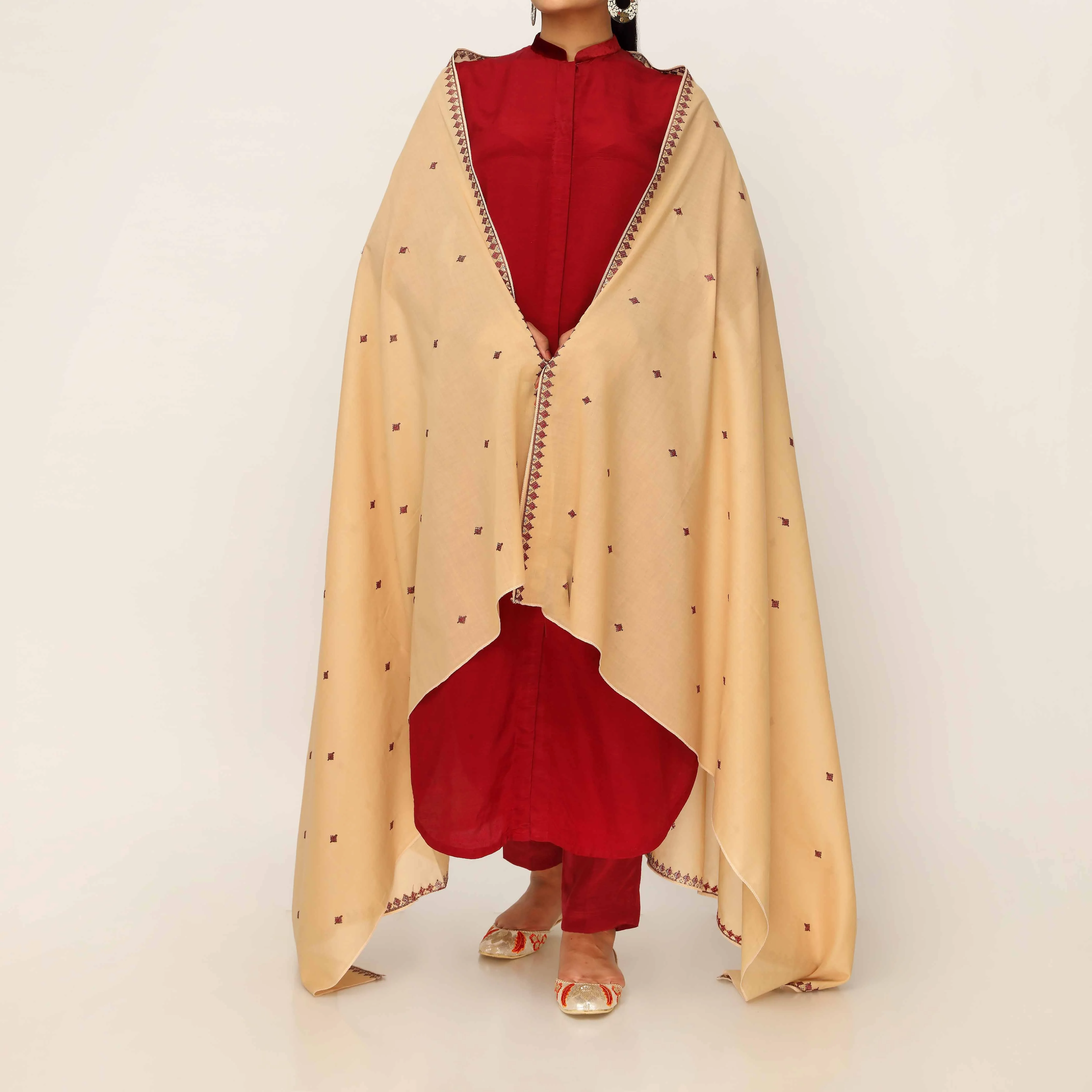 Khaki Embroidered Cotton Dupatta PD5479