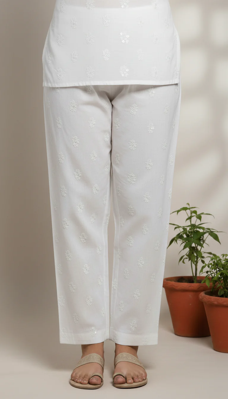 White Embellished Cambric Trouser PL6024