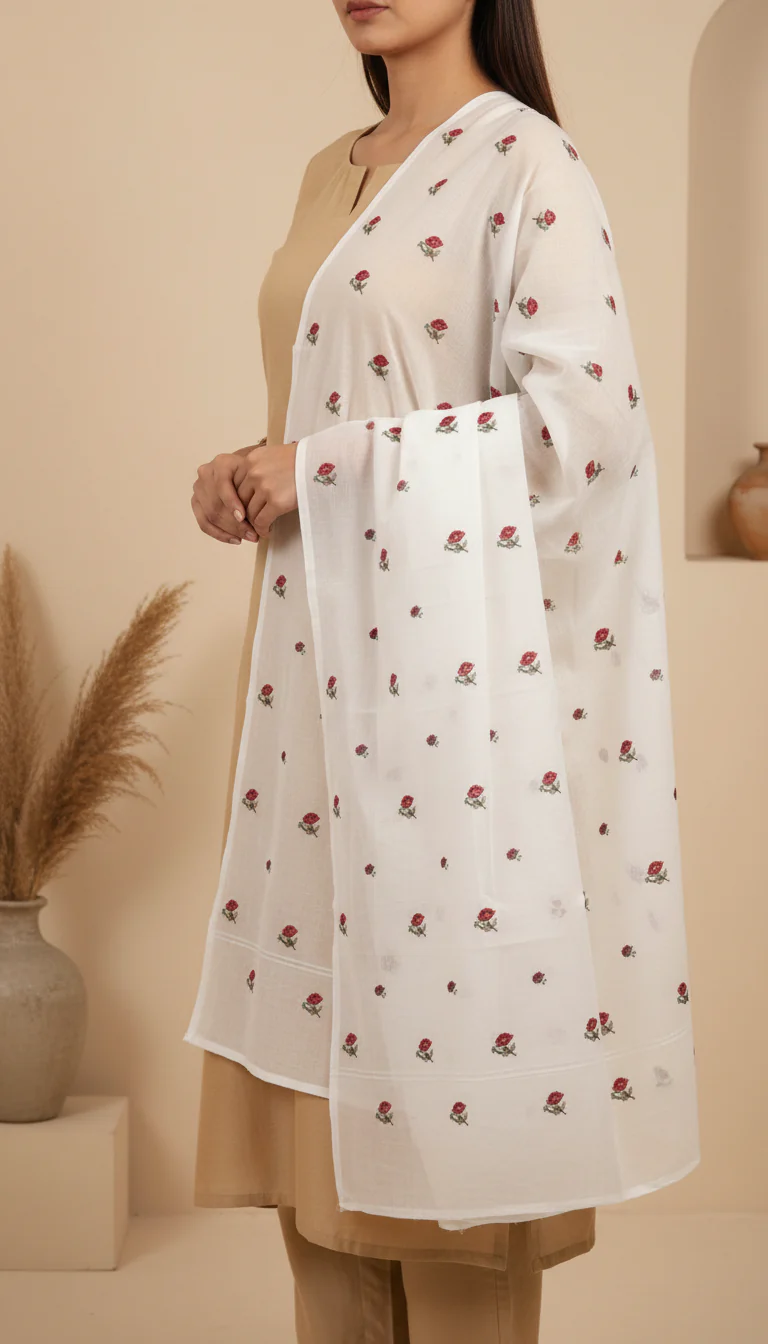 White Embellished Cotton Shawl PD6063