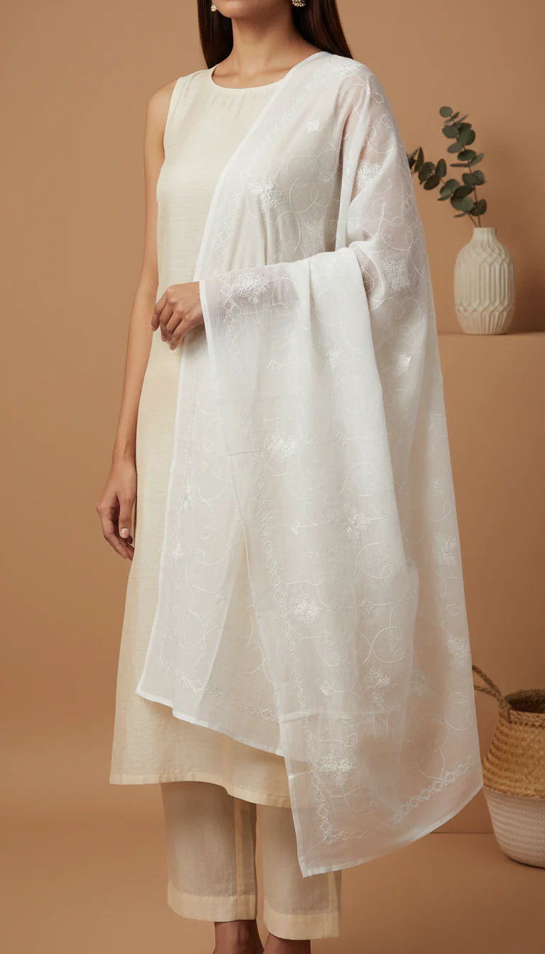 White Embellished Cotton Shawl PD6068