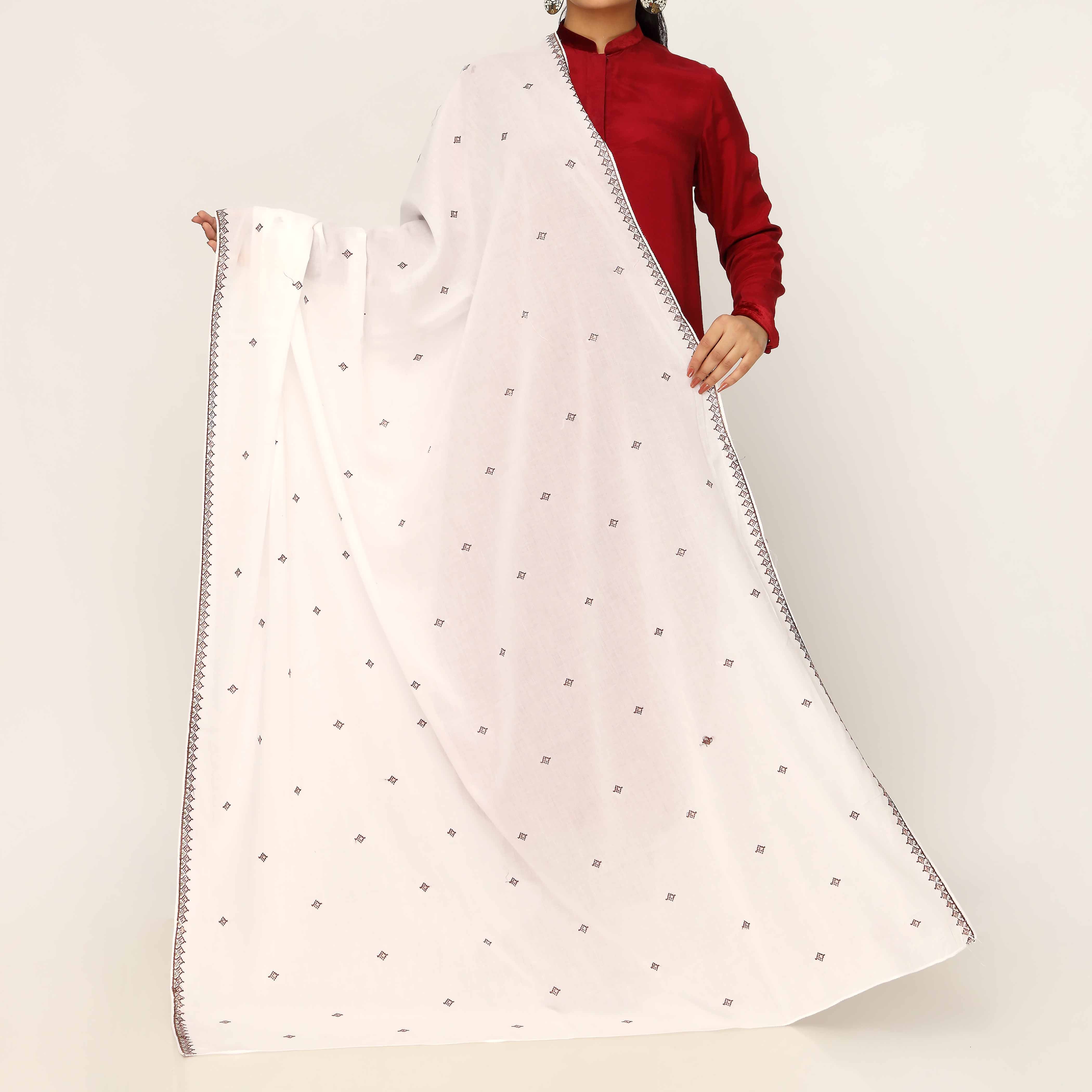 White Embroidered Cotton Dupatta PD5479